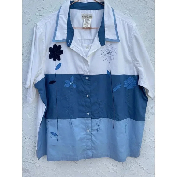 Bobbie Brooks Womens Short Sleeve Floral Embroidery Shirt White Blue 22w/24w - Picture 1 of 10